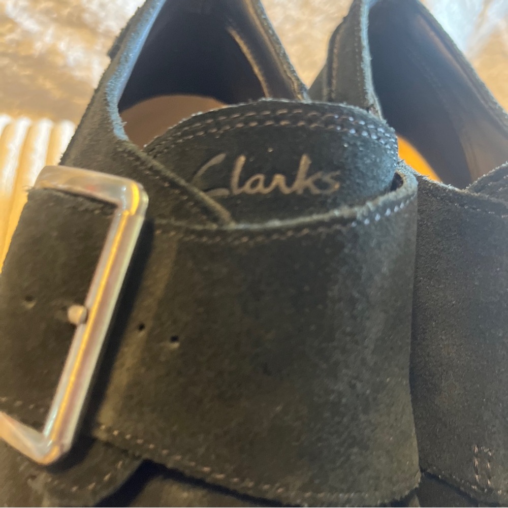 CLARKS Black Suede Eden Mid Monk Buckle Derby Oxford Shoes sz women 7.5 NWOB - Picture 3 of 10